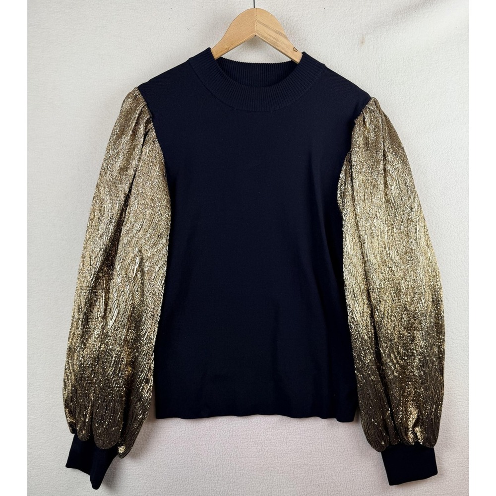 Flying Tomato Womens 2X Black Gold Metallic Balloon Sleeve Pullover Sweater